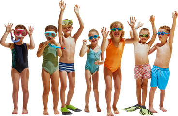 Obraz premium Seven kids in swimsuits and goggles stand in a row with their hands up, smiling and playing together.