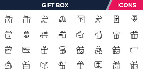 Vector illustration web line icon collection for gift box: presents, ribbons, surprises, and celebrations in a festive, modern, and vibrant design style.