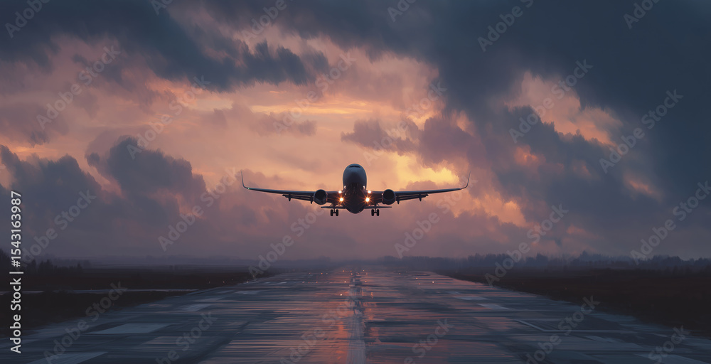 Poster a cargo aircraft is navigating the runway under a moody sky at sunset. the airplane's lights are glo