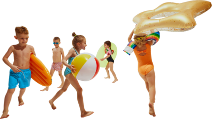 A lively group of kids in swimsuits run excitedly, carrying colorful inflatables and beach toys. Concept of active youth lifestyle, outdoor recreation, summer fun