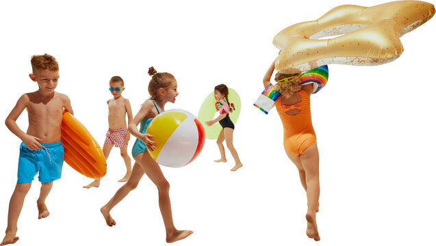 Fototapeta A lively group of kids in swimsuits run excitedly, carrying colorful inflatables and beach toys. Concept of active youth lifestyle, outdoor recreation, summer fun