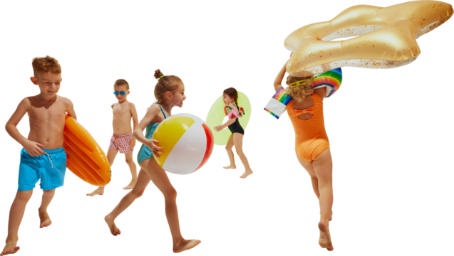 A lively group of kids in swimsuits run excitedly, carrying colorful inflatables and beach toys. Concept of active youth lifestyle, outdoor recreation, summer fun