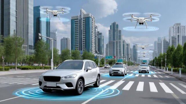 Autonomous vehicles driving on city street monitored by drones