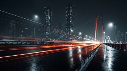 Dramatic cityscape at night with a bridge and road in the rain, wide-angle perspective, low camera position, hyper-realistic, cinematic, natural lighting, overcast weather, high-resolution photography
