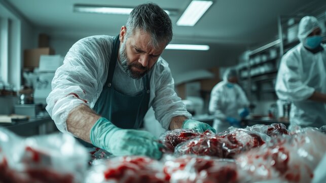 A focused butcher skillfully arranging meat products in a professional kitchen environment, highlighting craftsmanship, dedication, and the art of butchery.