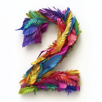 3D rendering of a number "2" made of colorful parrot feathers on a white background