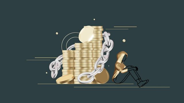 A lone figure sitting next to a large document wrapped in gold chains symbolizes emotional burden, legal restrictions, digital limitations or psychological pressure in a modern abstract style.