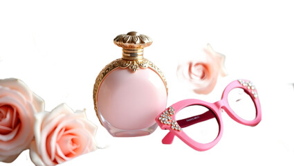 Scent bottle with flowers and sunglasses on transparent background
