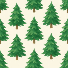 Obraz premium A seamless pattern of green pine trees on a light beige background. The trees are illustrated with a watercolor style, showcasing their natural shape and color.