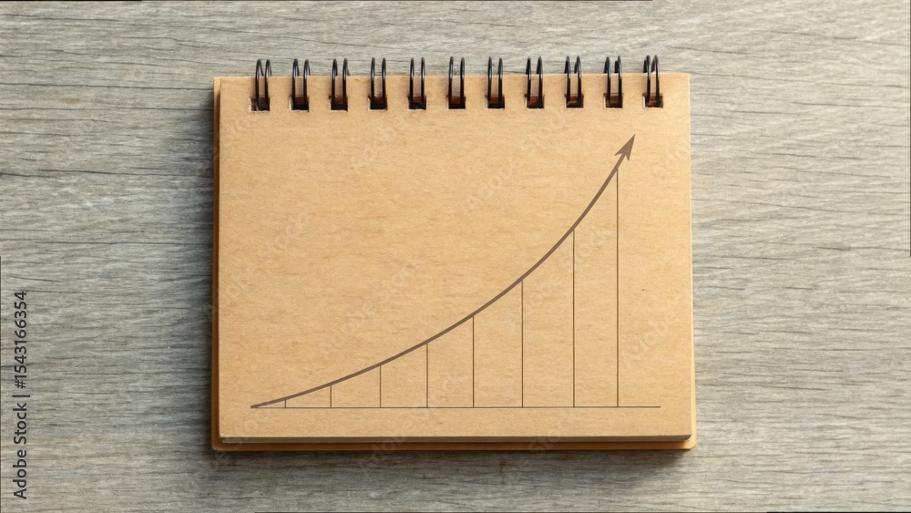 Aufkleber Sketch of Growth Curve on Notepad Page with Wooden Background