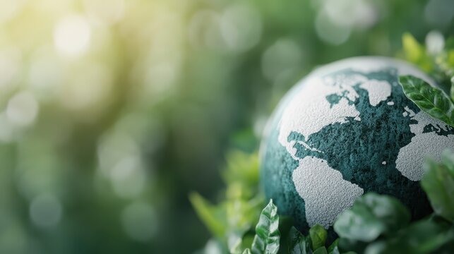 A textured globe depicting Earth is elegantly nestled among greenery, symbolizing environmental sustainability and the interconnectedness of nature and humanity in harmony.