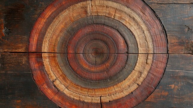 Concentric circles of wood grain, rich browns and reddish hues, set into a dark wood surface