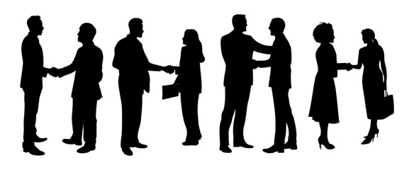 Vector set of black silhouettes showing diverse business people shaking hands, symbolizing partnership, teamwork, and agreement. Perfect for corporate, business, and networking projects