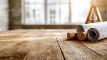 Detailed architectural blueprints are elegantly rolled on a rustic wooden table, symbolizing creativity, design processes, and the foundations of innovative building ideas and projects.