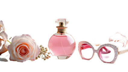 Scent bottle with flowers and sunglasses on transparent background
