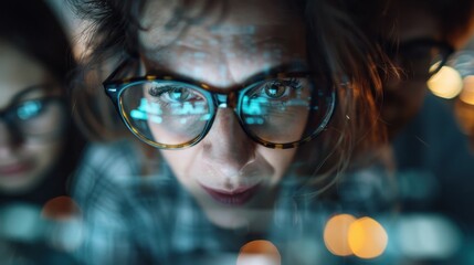 A close-up of a focused individual with glasses analyzing data on a digital display, exemplifying the intersection of technology and human concentration in modern work.