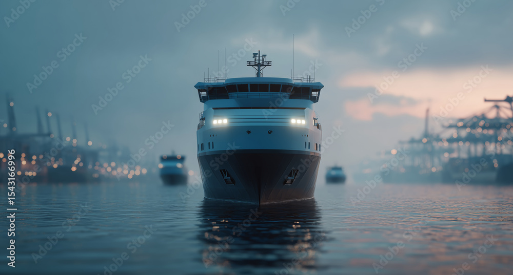 Poster A large cargo transport ship navigates through a foggy harbor using advanced autopilot technology. Surrounding vessels and cranes create a bustling backdrop during early evening hours.