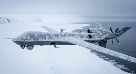 Naklejka premium Military Drone Over Snowy Arctic Landscape