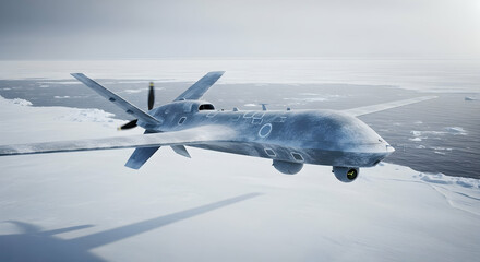 Obraz premium Advanced Military Drone Over Frozen Landscape