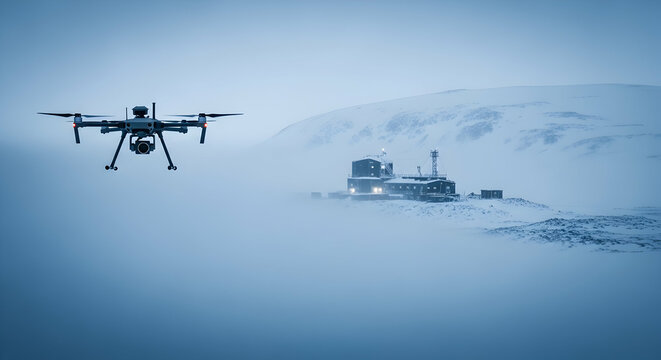 Military Drone Hovering Above Snowy Landscape