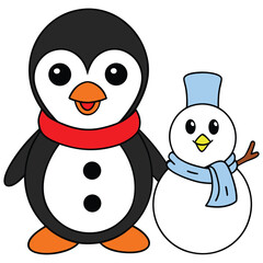 A black outline of printable happy penguin building a snowman (2).eps
