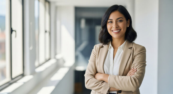 Professional latina woman in beige suit smiling with arms crossed, standing in a bright modern office corridor with large windows.