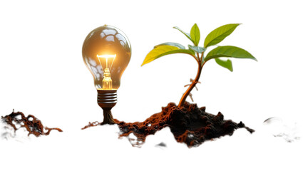 Creative concept illustration showing a glowing light bulb planted in soil with a green plant sprouting from it—symbolizing eco-innovation, sustainability, and green energy. Isolated on transparent ba