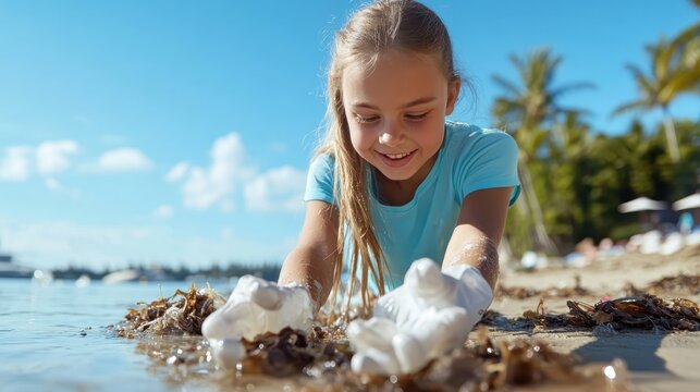 A happy child engages in a beach cleanup, demonstrating environmental responsibility while having fun in the sun, with a backdrop of clear blue water and palm trees.