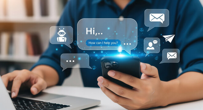 Close-up of a man interacting with a smartphone chatbot while working on a laptop, symbolizing digital communication and AI support. - Powered by Adobe