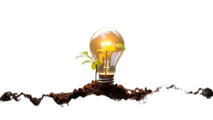 Creative concept illustration showing a glowing light bulb planted in soil with a green plant sprouting from it—symbolizing eco-innovation, sustainability, and green energy. Isolated on transparent ba