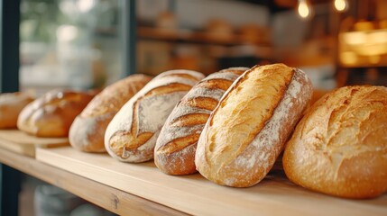 A variety of freshly baked artisan bread displayed on a rustic wooden table, showcasing the beauty of bakery craftsmanship and the warmth of homemade baking.