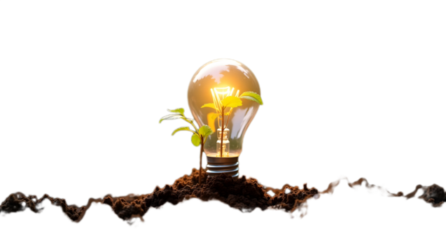 Creative concept illustration showing a glowing light bulb planted in soil with a green plant sprouting from it—symbolizing eco-innovation, sustainability, and green energy. Isolated on transparent ba