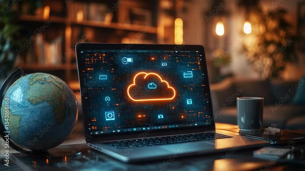 Poster Cloud Technology: A laptop displaying a glowing cloud icon sits on a wooden table next to a globe and coffee cup, showcasing the power of cloud computing and data storage.