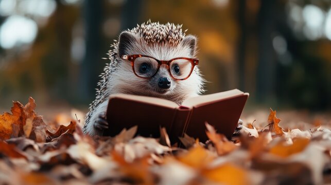 A cute hedgehog wearing glasses reads a book amidst autumn leaves, bringing warmth and charm to the scene, perfectly illustrating curiosity, learning, and playful imagination in nature.
