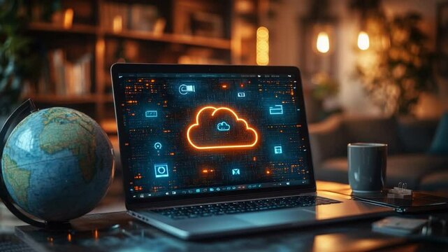 Cloud Technology: A laptop displaying a glowing cloud icon sits on a wooden table next to a globe and coffee cup, showcasing the power of cloud computing and data storage.