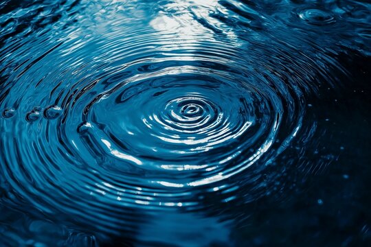 Macro close-up of concentric glowing water ripples in a still pool, symbolizing stakeholder engagement and influence spread, shot with top-down camera in high realism and soft ambient light