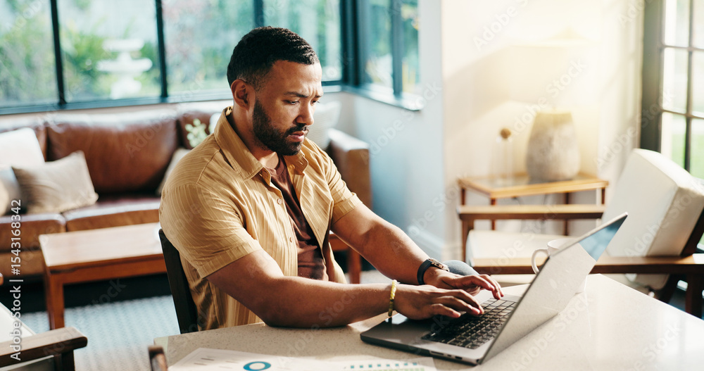 Poster laptop, typing and serious man in home office for remote work, finance and audit analysis. computer,