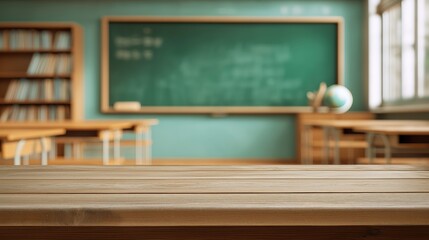 Empty Classroom: A blurred view of an inviting classroom. Wooden desk, green chalkboard, and bookcase are the focal points, symbolizing a space of learning and potential. The sun casts a soft light.