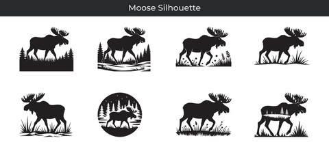 Fototapeta premium A collection of beautiful black moose silhouette designs for creative graphic projects