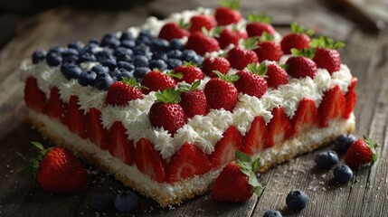 A festive fourth of July cake decorated like an American flag with strawberries and blueberries.