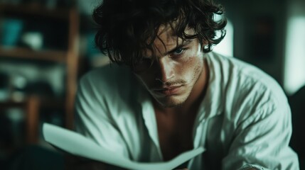 A close-up of a thoughtful young man, candidly staring at the camera while holding paper, showcasing an intense expression that reveals deep contemplation and emotion.