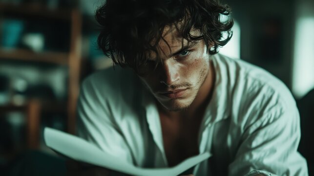 A close-up of a thoughtful young man, candidly staring at the camera while holding paper, showcasing an intense expression that reveals deep contemplation and emotion.
