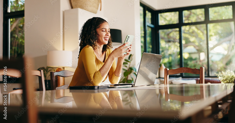 Aufkleber woman, texting and phone for remote work from home with mobile app, email or deal for booking. perso