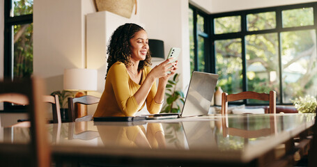 Woman, texting and phone for remote work from home with mobile app, email or deal for booking. Person, virtual assistant and smartphone with contact for networking, smile and feedback at apartment