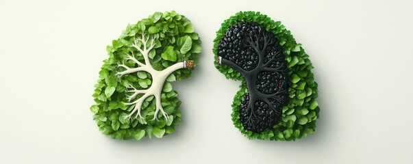 presented on a light backdrop are two kidney shaped arrangements, each comprised of green leaves and a tree like structure within