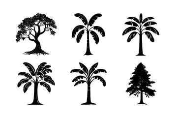Fototapeta premium Collection of tree silhouettes banana mango pine