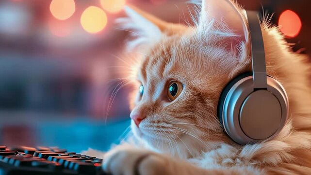 Adorable kitten with headphones relaxing at computer desk under cozy ambient lighting