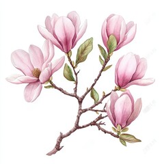Botanical Drawing Magnolia. Tender Pink Magnolia Blossom Watercolor Illustration