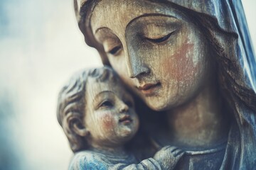 Weathered statue of Mary cradling baby Jesus, depicting motherly love and faith.