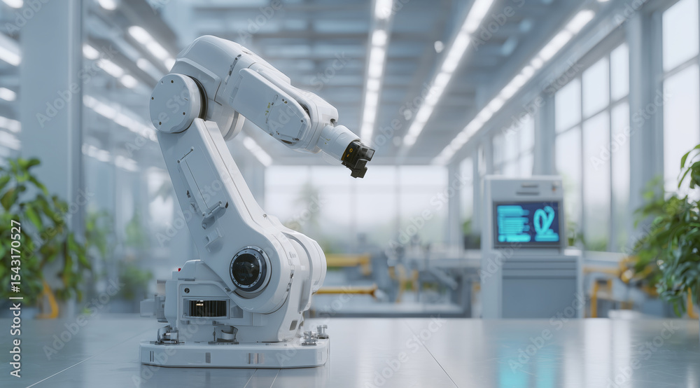 Aufkleber A robotic arm is positioned in a modern facility designed for cargo transport. The setup includes a tracking screen, enabling efficient navigation and autopilot functions for logistics operations.